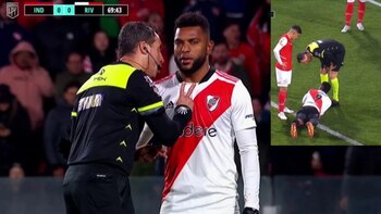 El colombiano Miguel Ángel Borja fue agredido en el área vs. Independiente, pero el árbitro central decidió no sancionar penal, ni tampoco expulsar al agresor. Imagen: ESPN.