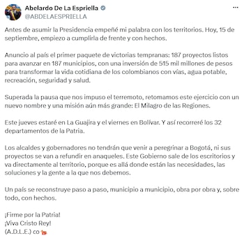 Abelardo de la Espriella informó que los proyectos tendrán una inversión total de $515.000 millones y hacen parte de la estrategia “El Milagro de las Regiones”. - crédito @ABDELAESPRIELLA/X