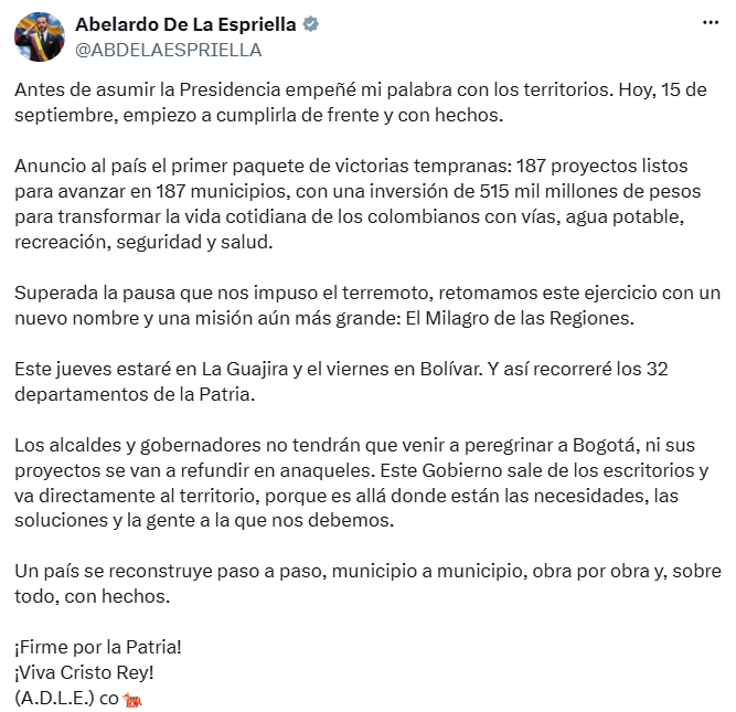 Abelardo de la Espriella informó que los proyectos tendrán una inversión total de $515.000 millones y hacen parte de la estrategia “El Milagro de las Regiones”. - crédito @ABDELAESPRIELLA/X