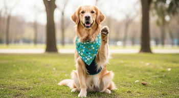 Perro golden retriever sentado en el césped, lleva un pañuelo estampado azul, levanta una pata delantera, con árboles al fondo.