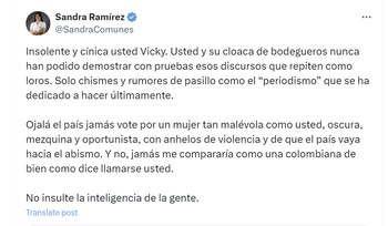 La senadora Sandra Ramírez tildó de cínica e insolente a Vicky Dávila - crédito @SandraComunes/X