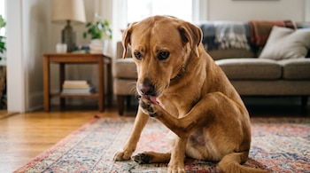 Un perro dorado sentado en una alfombra se lame la pata delantera izquierda dentro de una habitación con muebles de fondo.