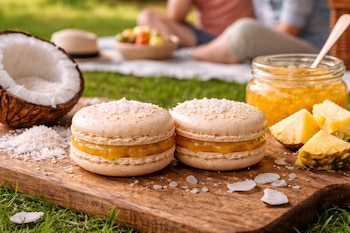 El macaron de coco y piña evoca climas tropicales con una mezcla dulce y refrescante que sorprende al paladar (Imagen Ilustrativa Infobae)