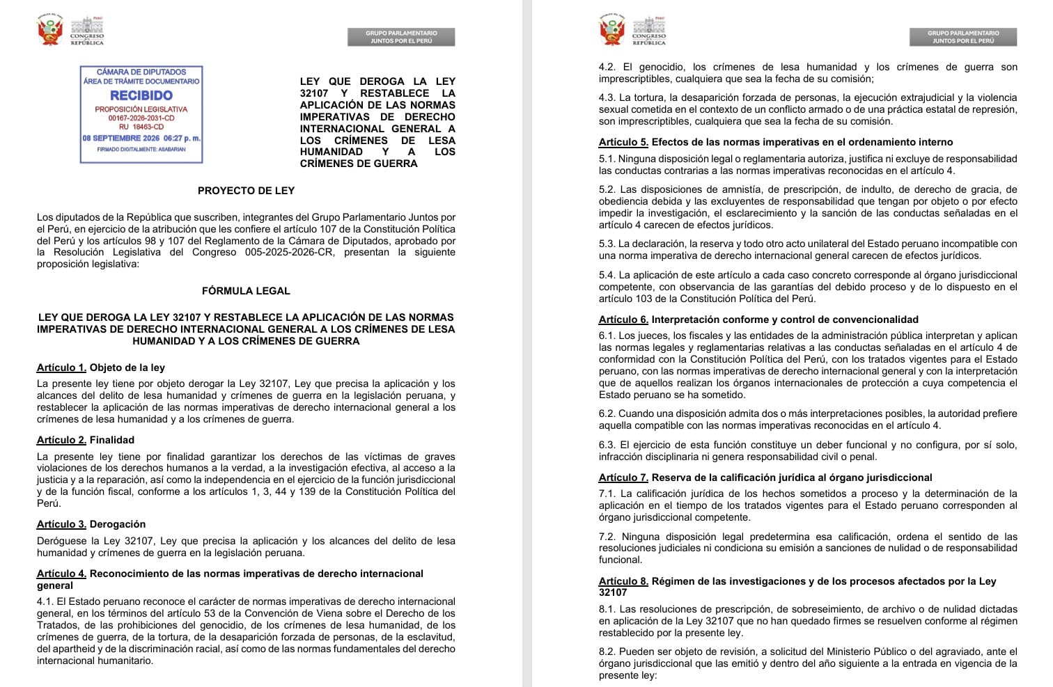 El grupo parlamentario Juntos por el Perú presentó un proyecto de ley ante el Congreso peruano para derogar la Ley 32107 sobre la prescripción de crímenes de lesa humanidad.
