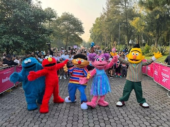 Cinco botargas de personajes de Plaza Sésamo posan alineadas en un camino de piedra frente a una multitud en un parque