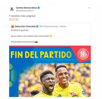 El Centro Democrático festejó el triunfo de la selección Colombia - crédito @CeDemocrático / X