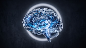 Cerebro humano translúcido con flujos de luz azul y blanca. Un pequeño parche flexible con luces encendidas se ubica en la parte frontal del cerebro.