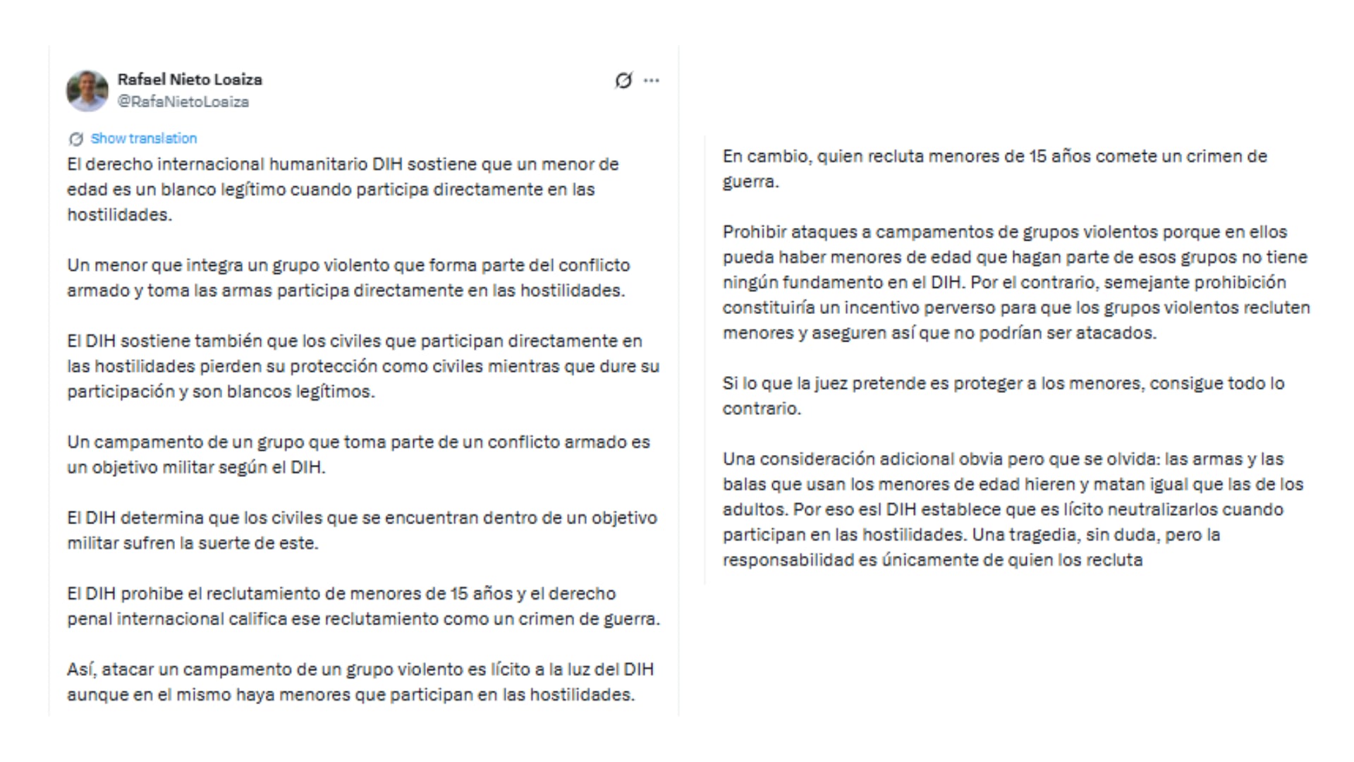 Este fue el mensaje de Rafael Nieto Loaiza sobre el reclutamiento de menores - crédito @RafaNietoLoaiza/X