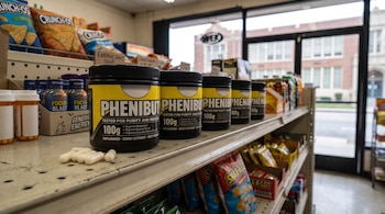 Frascos negros con la palabra Phenibut y varias cápsulas blancas en el estante de una tienda frente a una ventana