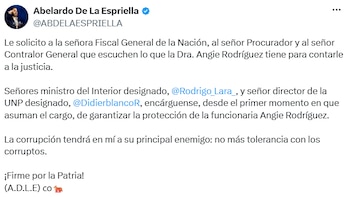 Abelardo De la Espriella solicitó garantizar la seguridad de la gerente del Fondo Adaptación y reiteró su postura contra la corrupción. - crédito @ABDELAESPRIELLA/X