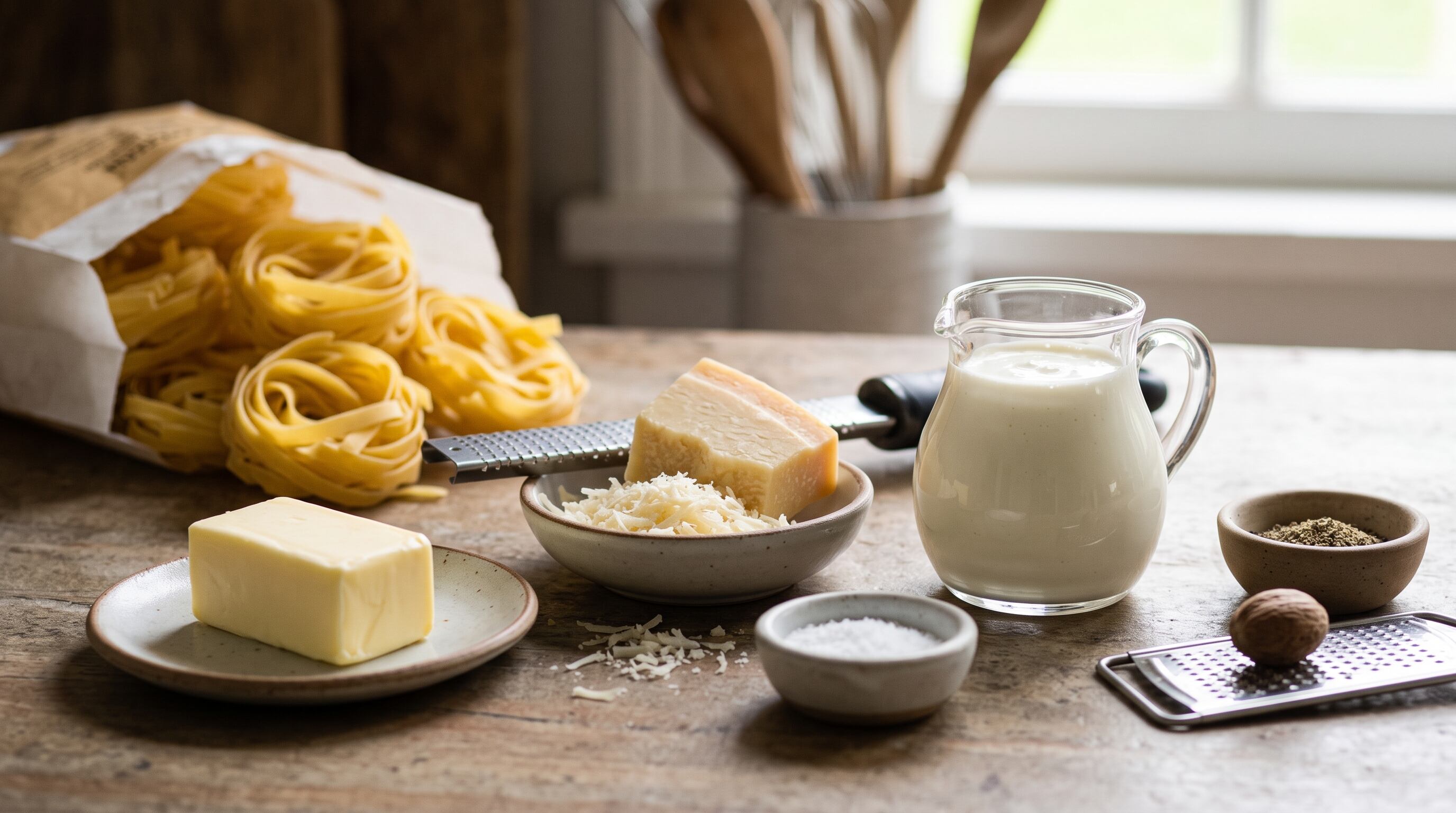 Ingredientes sencillos y de calidad: pasta, crema de leche, mantequilla, queso parmesano, nuez moscada, sal y pimienta. Todo lo necesario para crear magia en la cocina (- crédito Ilustrativa Infobae)