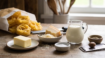 Pasta en nidos, un trozo de mantequilla, queso Montasio rallado, una jarra con leche y especias dispuestas sobre una mesa de madera