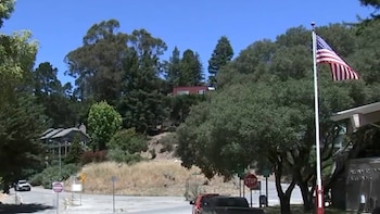 Una bandera de Estados Unidos en un mástil alto sobre un barrio residencial con casas, árboles frondosos, una calle y un coche familiar