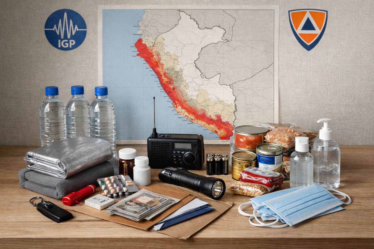 Un kit de emergencia sísmica para Perú se expone junto a un mapa que señala las zonas de riesgo del país, con los logos del IGP y el INDECI. (Imagen Ilustrativa Infobae)