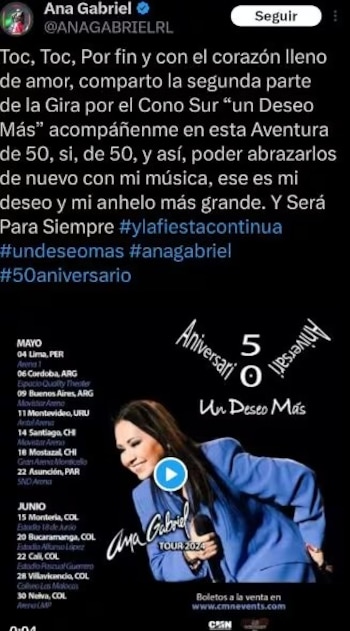 Ana Gabriel anuncia fechas de sus próximos conciertos en Colombia - crédito X