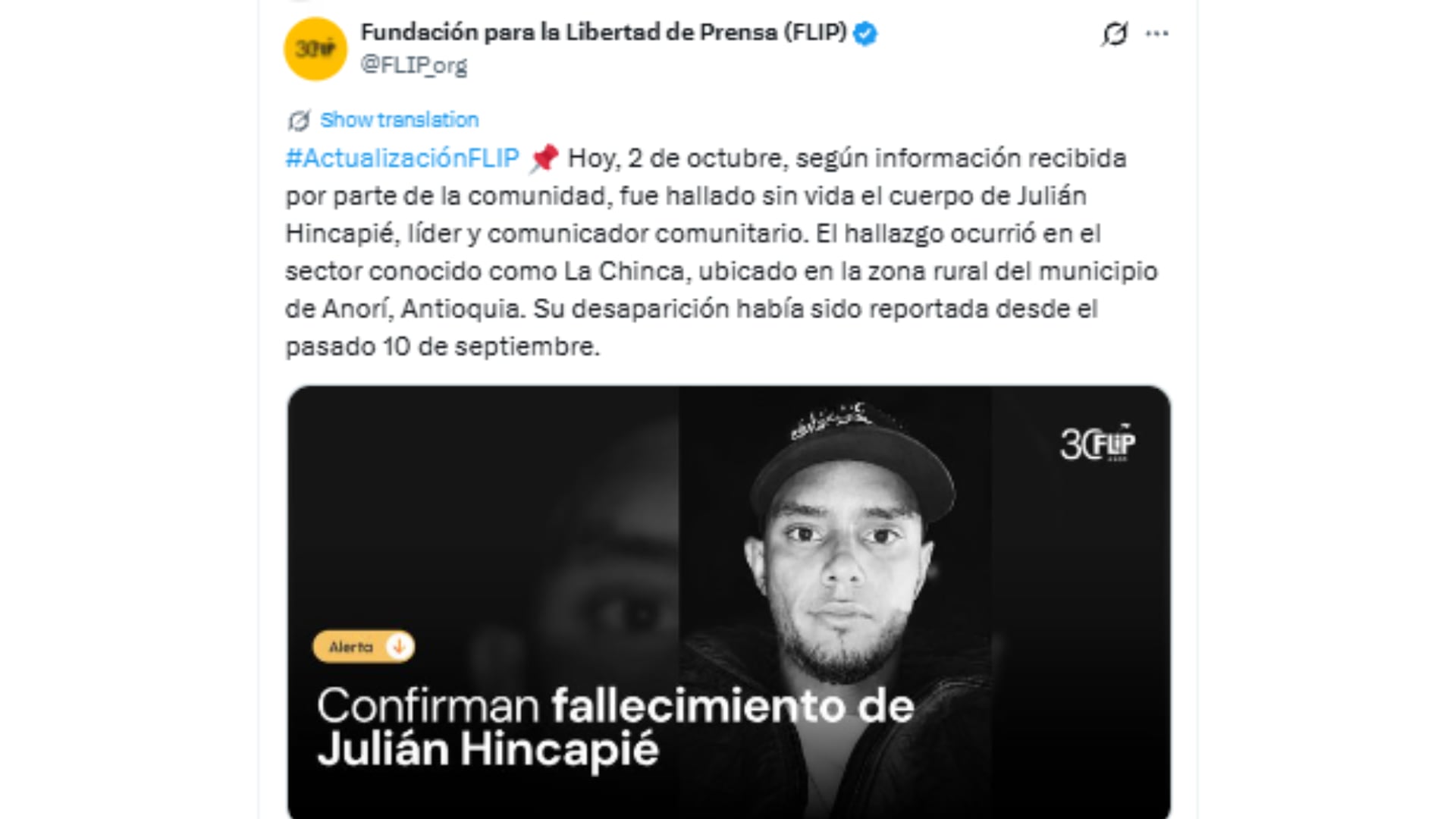 Julián Andrés Hincapié desapareció el 10 de septiembre de 2026, mientras llevaba mercurio a una zona de minería - crédito @FLIP_org/X