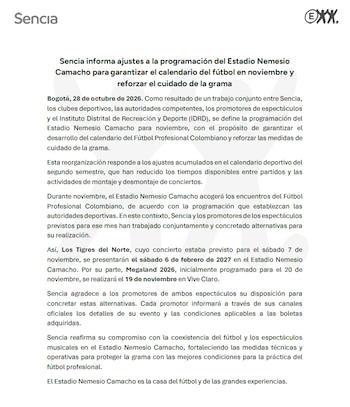 La entidad confirmó la reprogramación de varios conciertos para el 2027-crédito Sencia