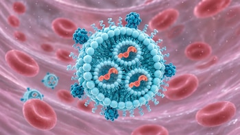 Una esfera celular azul con proteínas en la superficie contiene hebras anaranjadas de ARNm entre glóbulos rojos flotantes