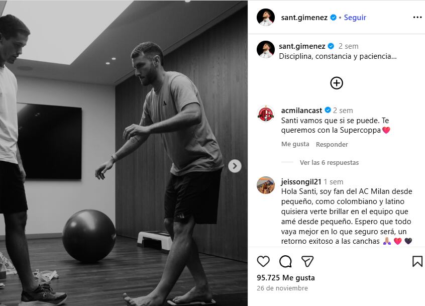 Giménez ha compartido a través de sus redes el esfuerzo que ha realizado en su rehabilitación para poder reincorporarse al club. (Instagram/ @sant.gimenez)