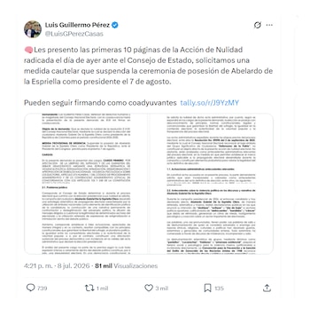 Luis Guillermo Pérez busca atravesarse a la posesión de Abelardo de la Espriella