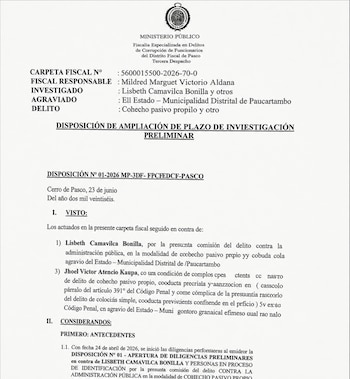 Documento impreso del Ministerio Público de Pasco titulado Disposición de ampliación de plazo de investigación preliminar
