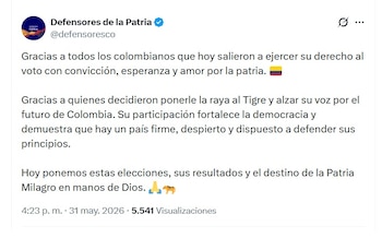 Defensores de la Patria manifestó que la participación ciudadana fortalece la democracia y demuestra que hay un país firme - crédito defensoresco/X