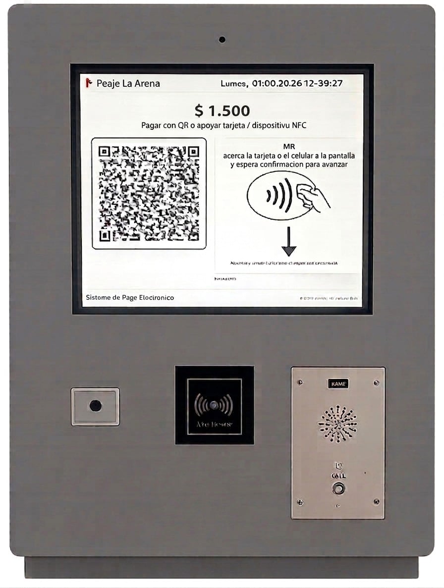 Un tótem de cobro automático exhibe la tarifa de 1.500 pesos en el peaje La Arena de la Ruta 8 con opciones de pago mediante código QR y tecnología NFC.
