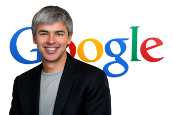 Retrato de Larry Page, con cabello gris y vistiendo una chaqueta oscura sobre una camiseta gris, sonriendo frente al logo de Google de colores.