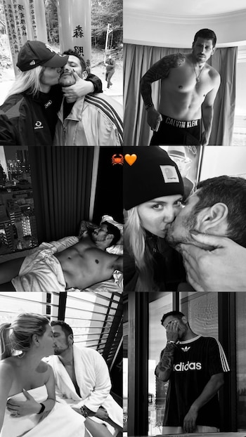 Collage de seis fotos en blanco y negro de una mujer y un hombre en diversas situaciones cotidianas, vestidos con batas, ropa interior y deportiva