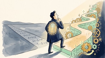 Un hombre frente a dos caminos, uno plano con operaciones sencillas y otro empinado con engranajes, lleva una batería iluminada en la espalda.