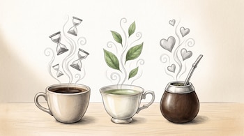 Tres tazas de café, té y mate sobre una superficie de madera; el vapor de las bebidas forma relojes de arena, hojas verdes y corazones.