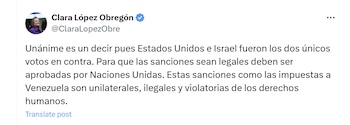 La senadora del Pacto Histórico Clara López aseguró que las sanciones impuestas por Estados Unidos son ilegales - crédito @ClaraLopezObre/X