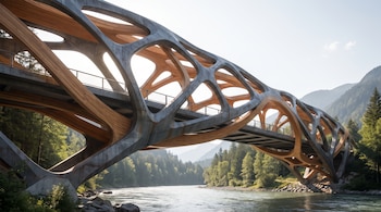 Puente de celosía con estructura de acero y madera sobre un río. A los lados hay montañas cubiertas de árboles. Cielo claro.