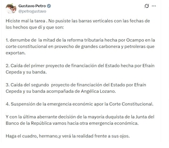 Gustavo Petro, presidente de Colombia, señaló que Felpe Campos no puso las barras verticales con las fechas de los hechos - crédito @PetroGustavo/X