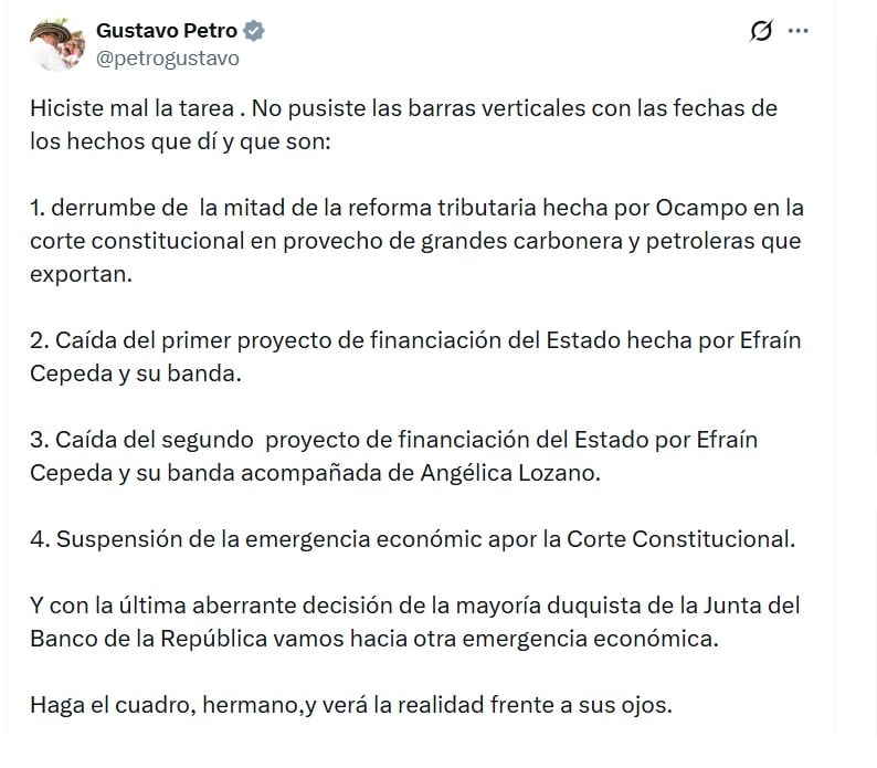 Gustavo Petro, presidente de Colombia, señaló que Felpe Campos no puso las barras verticales con las fechas de los hechos - crédito @PetroGustavo/X