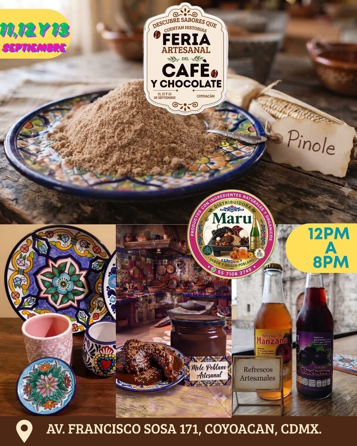 Un cartel publicitario ilustra la Feria Artesanal del Café y Chocolate en Coyoacán, Ciudad de México, que muestra pinole, mole poblano, cerámica y refrescos artesanales. (Cortesía/Ancestrum)