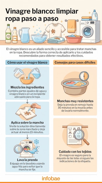 Infografía que muestra botellas de vinagre, agua, ropa sucia, lavadora y los pasos ilustrados para limpiar manchas de ropa con vinagre blanco.