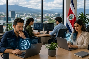 Cuatro personas en escritorios trabajan con laptops que muestran hologramas de un cerebro y un chatbot, junto a una bandera de Costa Rica.