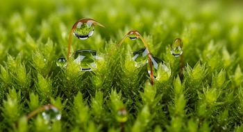 Primer plano de musgo verde vibrante con múltiples gotas de agua transparentes esféricas sobre sus hojas y pequeños tallos, mostrando reflejos del entorno.