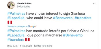 Publicación de Nicòlo Schira sobre el interés del Palmeiras de Brasil por Gianluca Lapadula.