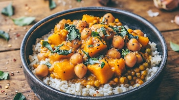 Un bol oscuro con arroz, curry de garbanzos, trozos de calabaza, guisantes y hojas verdes sobre una mesa de madera con especias esparcidas.