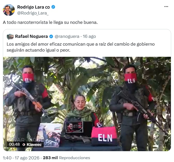 El ministro del Interior, Rodrigo Lara, reaccionó a la reaparición de alias ‘Silvana Guerrero’ y lanzó una advertencia contra las organizaciones armadas ilegales. - crédito @Rodrigo_Lara_/X