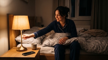 Una mujer sentada en una cama apaga una lámpara sobre una mesa de noche que contiene un teléfono móvil y una taza.