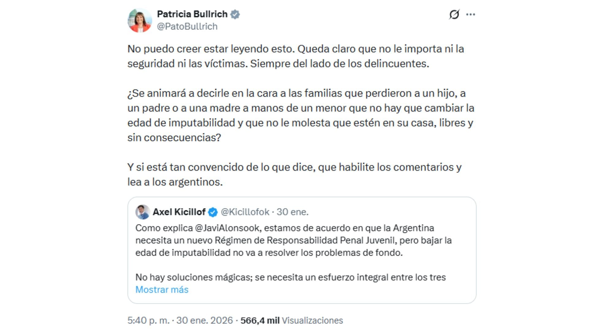 La publicación de Bullrich contra las declaraciones de Axel Kicillof