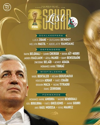 Un hombre de cabello gris en primer plano con la mirada hacia arriba. Al fondo, una lista dorada muestra los nombres del equipo nacional de fútbol de Argelia para la Copa Mundial 2026