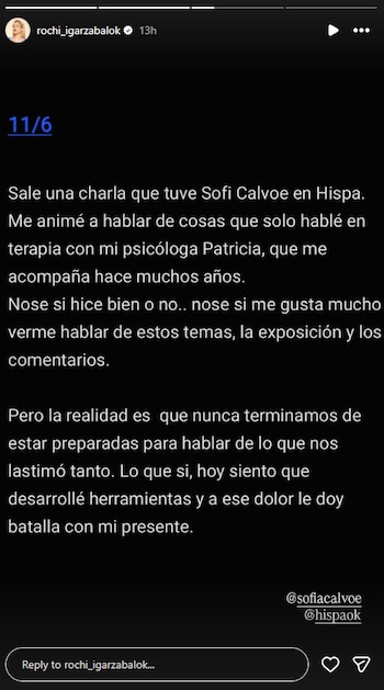 Captura de pantalla de una historia de Instagram de Rocío Igarzábal, mostrando texto blanco sobre fondo negro con el nombre de usuario y foto de perfil