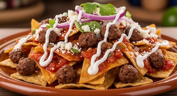 Plato de chilaquiles con totopos, cubiertos de salsa roja, albóndigas de soya, crema blanca, queso desmoronado, rodajas de cebolla morada y cilantro.