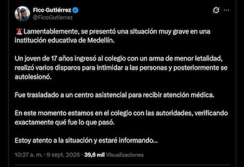 El alcalde Federico Gutiérrez señaló que el estudiante realizó disparos con un arma de menor letalidad para intimidar a estudiantes y docentes - crédito X