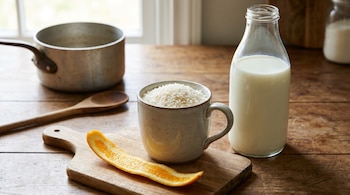 Una taza de arroz blanco, una botella de leche entera y un trozo de cáscara de naranja sobre una tabla de madera. Una olla y cuchara al fondo.