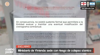 Cuarto Poder revela peligro en sede del Ministerio de Vivienda: inmueble adquirido al Banco de la Nación enfrenta emergencia estructural. Captura: américa TV.